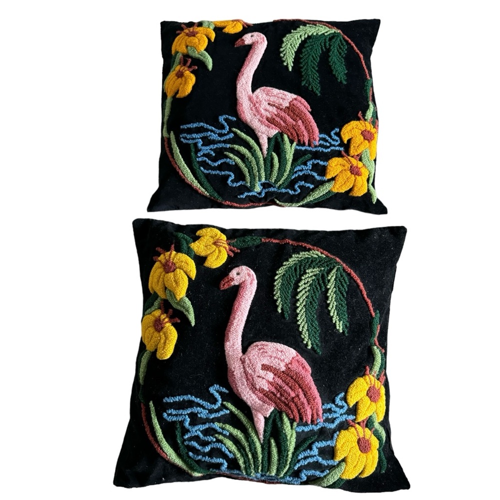 Flamingo Floral 17" Throw Pillows Velvet Chenille Retro  Tropical Palm Tree